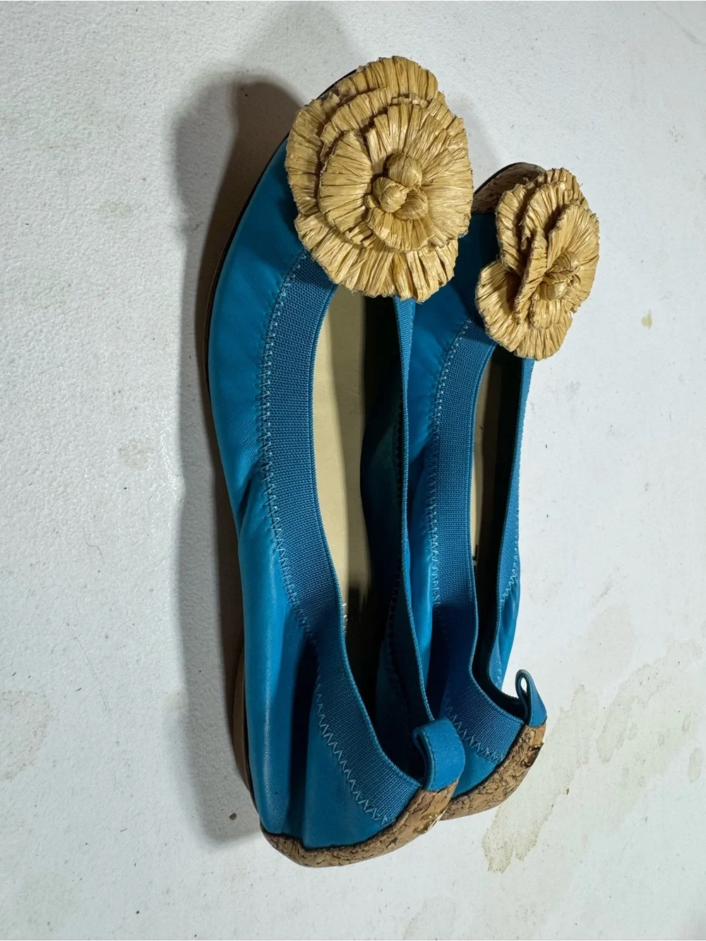 CHANEL Turquoise Ballet Flats with Raffia Flower